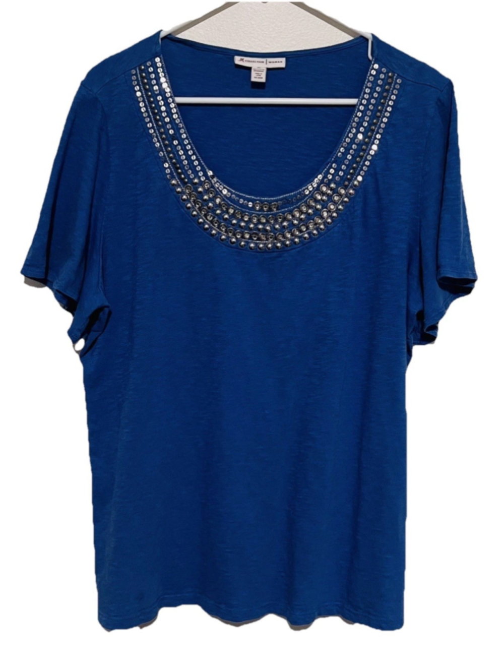 JM Collection Jeweled Necklace Top Women’s 1X Blue Silver Studded T-Shirt